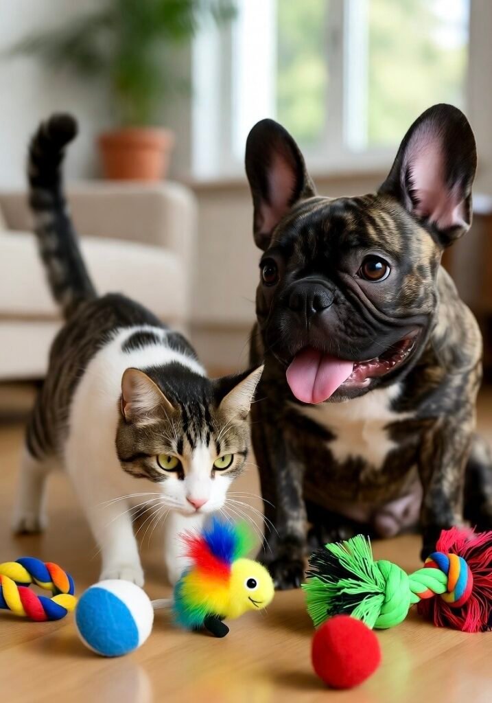 cat and frenchie dog playing with natural organic toys
