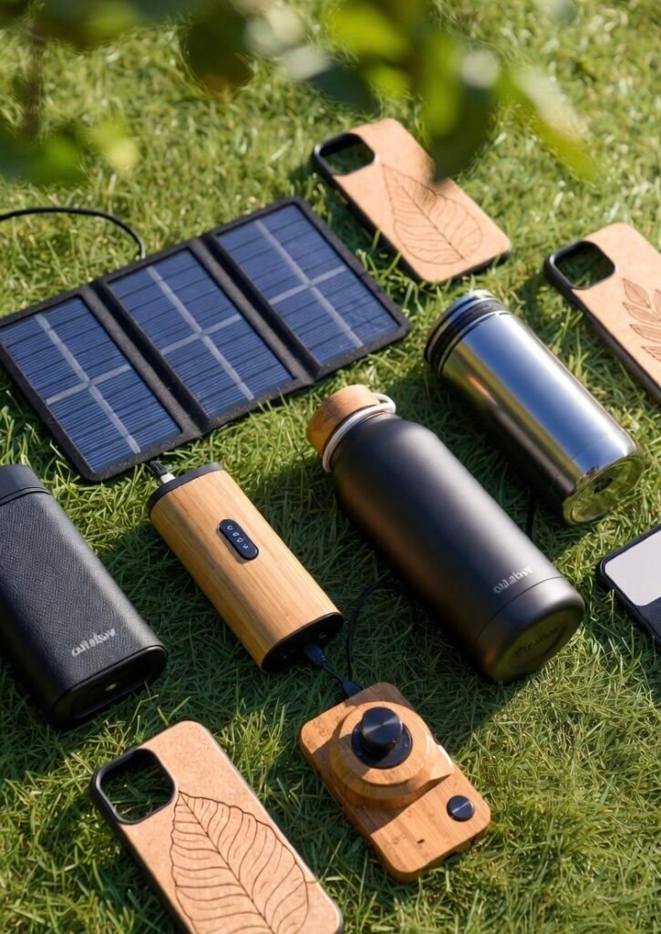 A collection of eco-friendly devices laying on a green grass surface ready for use.