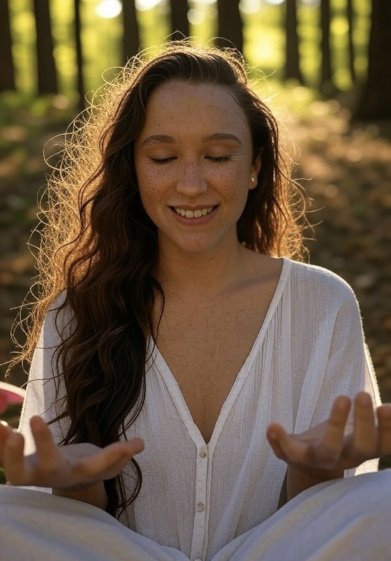 woman sitting in lotus pose in a green forest